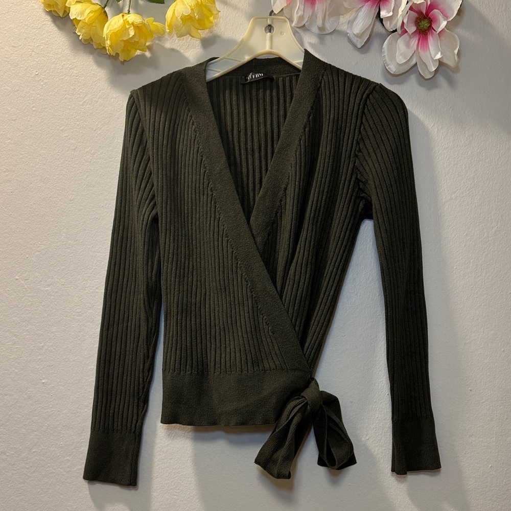 Women's Ribbed Wrap Tie Cardigan - Dark Olive